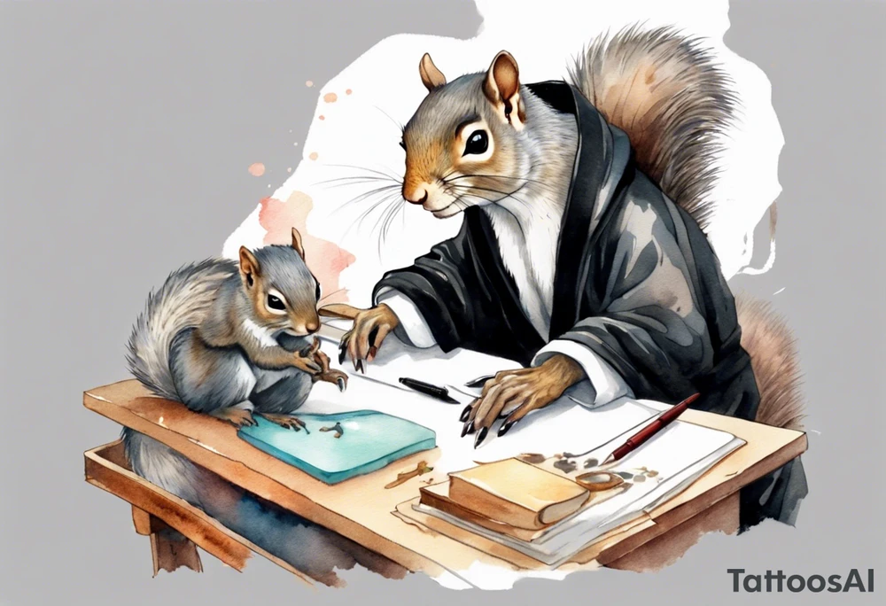 an elderly grey squirrel with a long beard wearing a black robe sitting at a desk tattoo idea