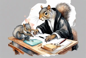 an elderly grey squirrel with a long beard wearing a black robe sitting at a desk tattoo idea