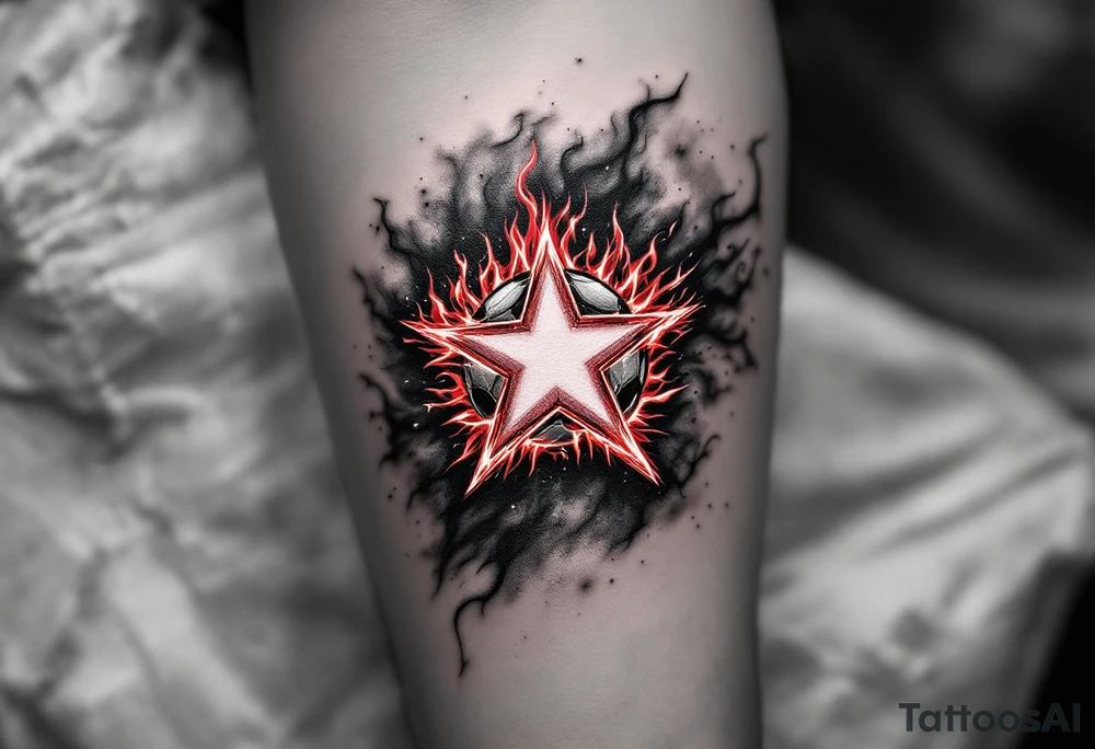 A grayscale soccer ball on fire with red flames that shape the Slavia star. tattoo idea