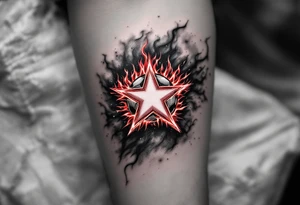 A grayscale soccer ball on fire with red flames that shape the Slavia star. tattoo idea