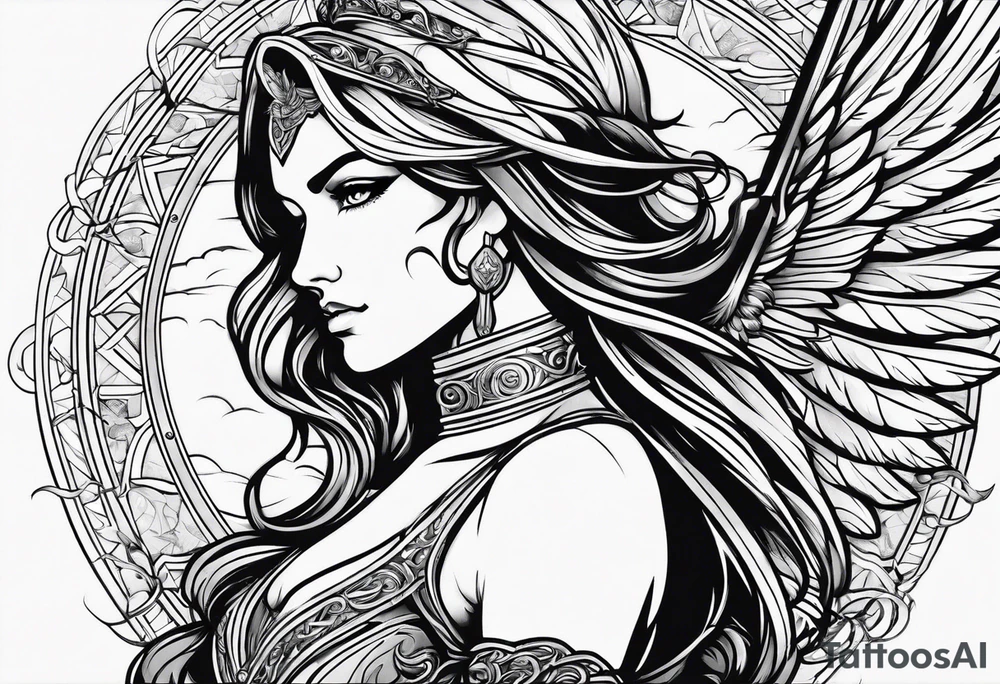 female angel with sword flying in the sky tattoo idea