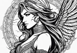 female angel with sword flying in the sky tattoo idea