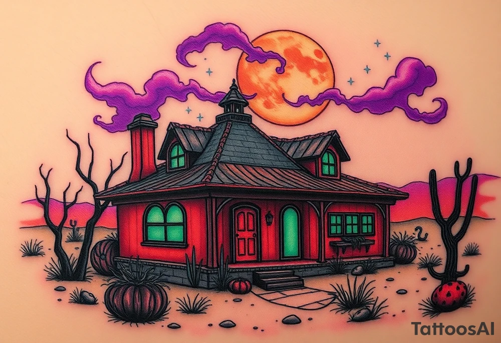 Tim Burton’s haunted desert bungalow is abandoned and dripping with muted reds, dusty pinks, and eerie green glow.purple and cyan smokey clouds swirl in the crescent moonlit sky thats sprinkled with stars tattoo idea tattoo idea