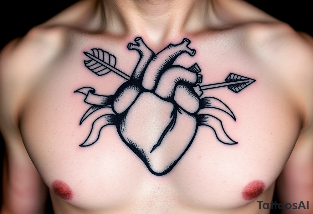 anatomical heart pierced by ornate arrow with flowing ribbons tattoo idea