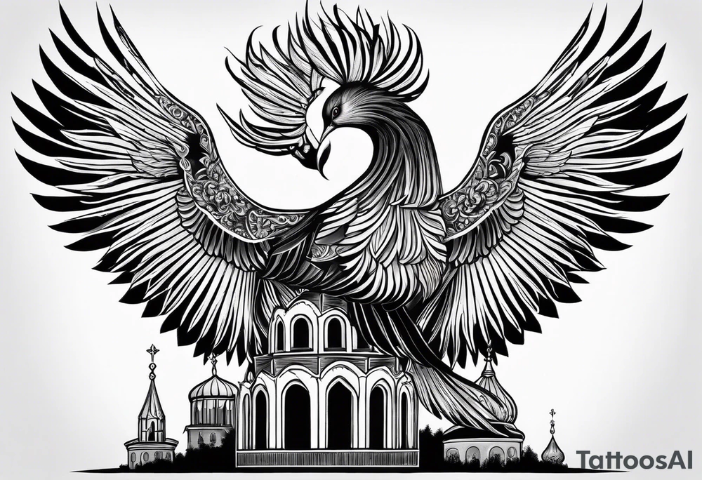 russian firebird in-flight with fancy tail and 3 small onion cap monastery towers in background, with "Isaiah 43: 18-19" tattoo idea