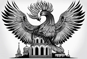 russian firebird in-flight with fancy tail and 3 small onion cap monastery towers in background, with "Isaiah 43: 18-19" tattoo idea