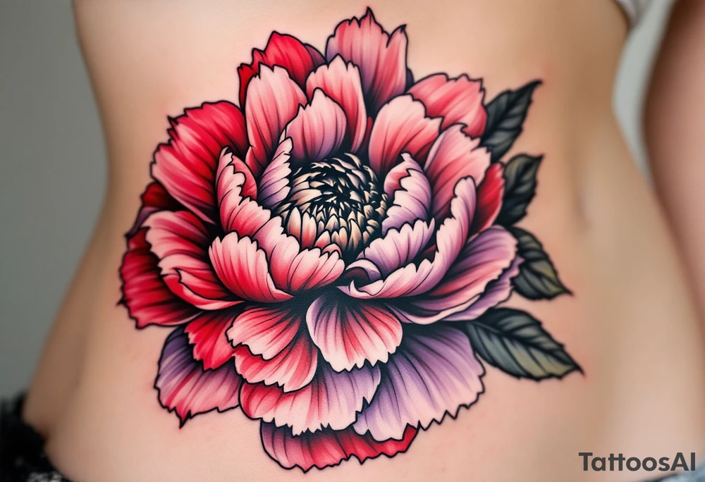 A large peony flower in shades of red and purple with bold black outlines. tattoo idea