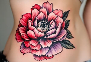 A large peony flower in shades of red and purple with bold black outlines. tattoo idea