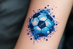 A blue and white galaxy-themed soccer ball orbiting small stars and planets. tattoo idea