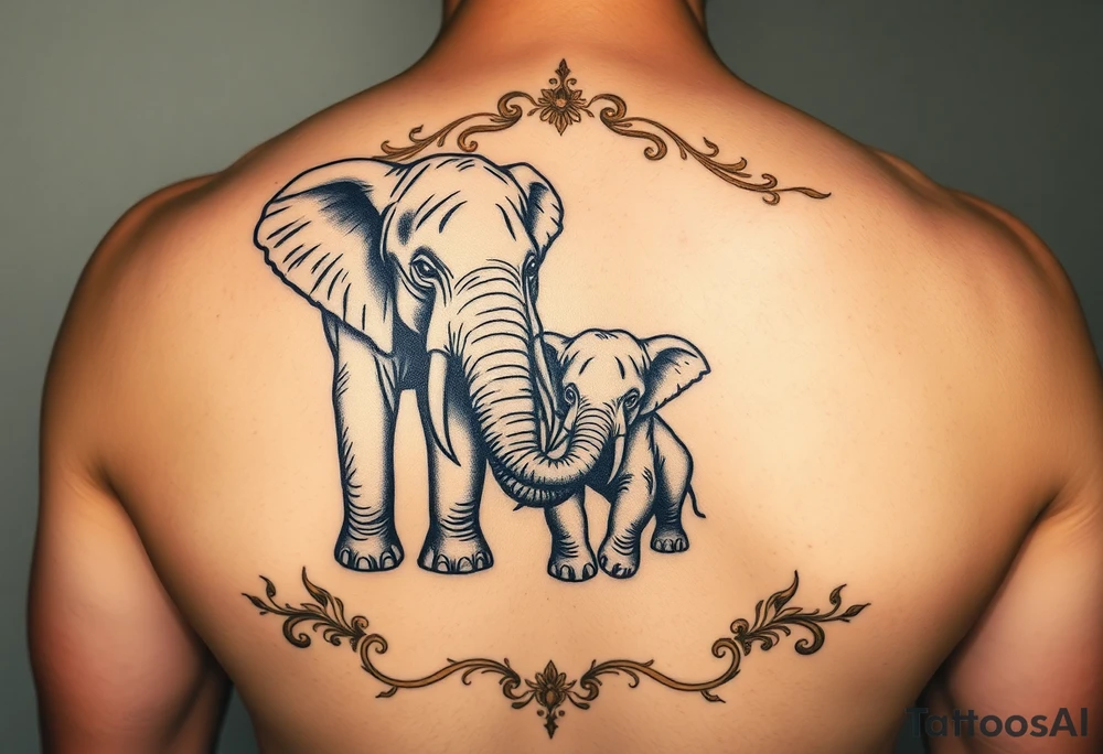 couple of elphants, a mother and a child
 facing foward tangling their trunks
sorrounded by a golden  art frame with beautiful design tattoo idea