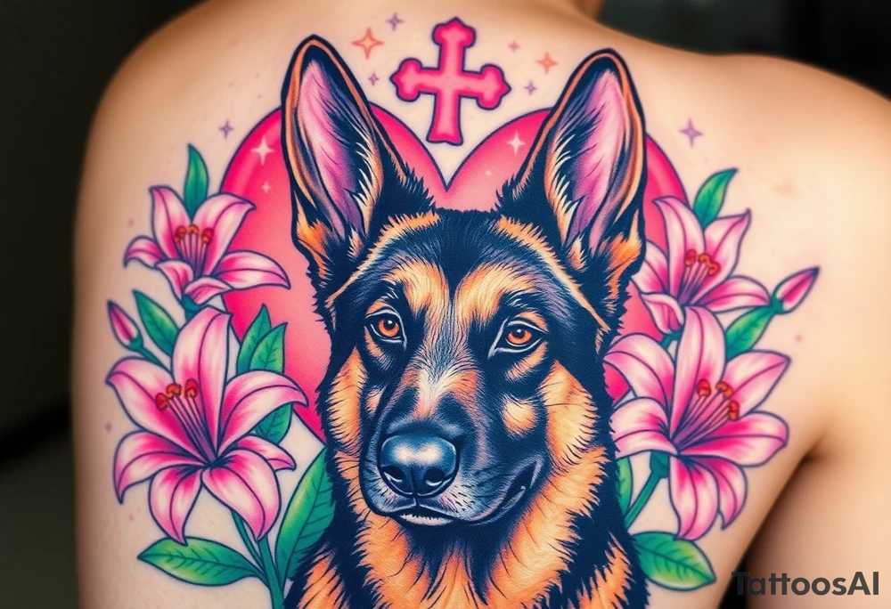 realistic german shepherd with alert ears looking protective surrounded by pink lilies with leaves in front of a sacred heart tattoo idea