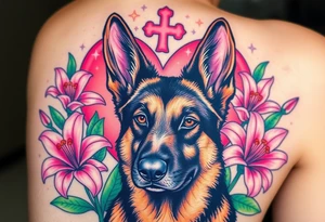 realistic german shepherd with alert ears looking protective surrounded by pink lilies with leaves in front of a sacred heart tattoo idea