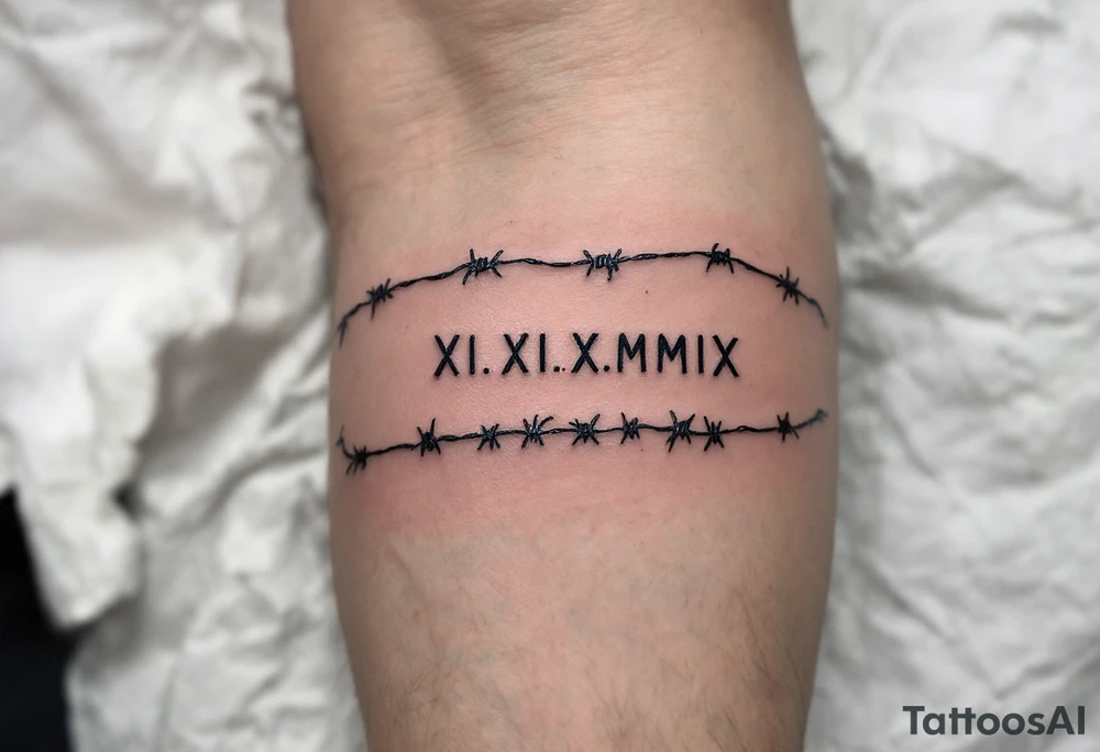 XI.XI.MMIX inked in matte black on the hand’s edge, accompanied by silver barbed wire surrounding it. tattoo idea
