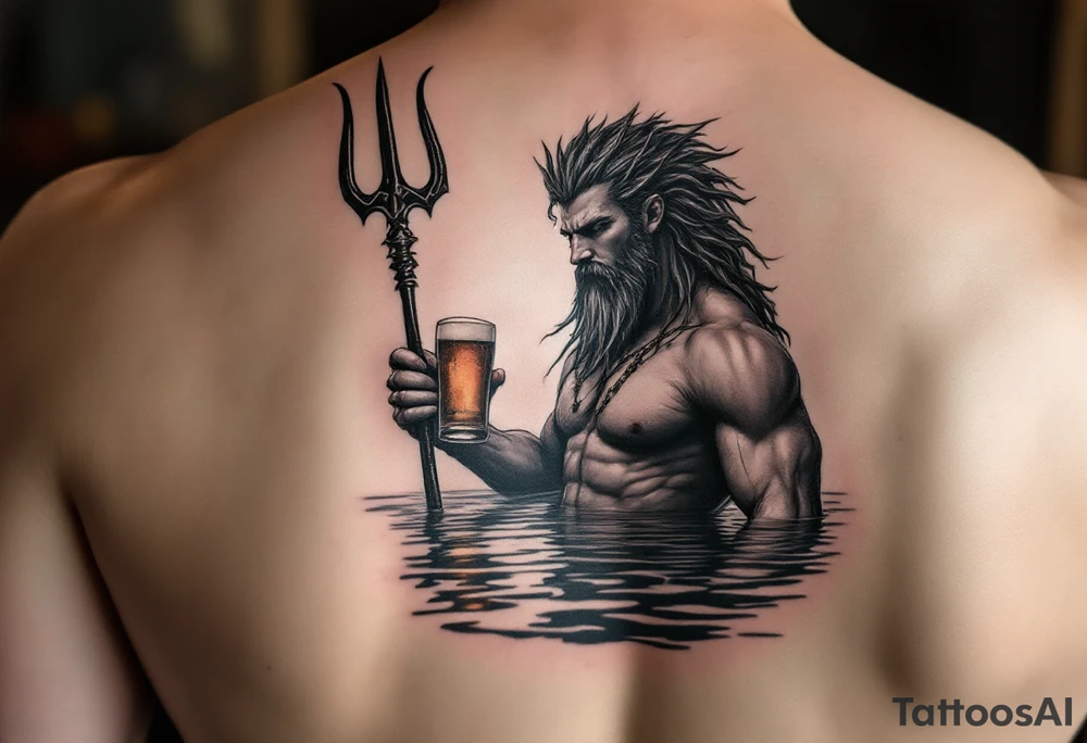 young, fit poseidon in calm water, behind a trident, holding a beer, with sunset tattoo idea