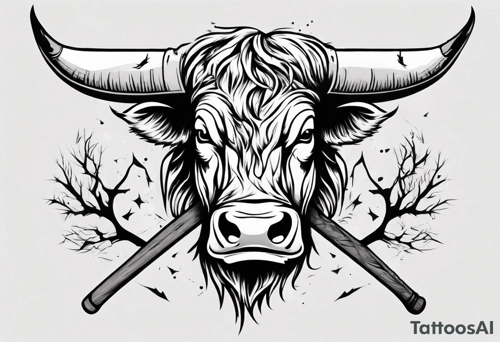 A design that includes a bull head trees and a hockey stick tattoo idea