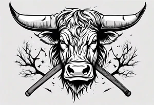 A design that includes a bull head trees and a hockey stick tattoo idea