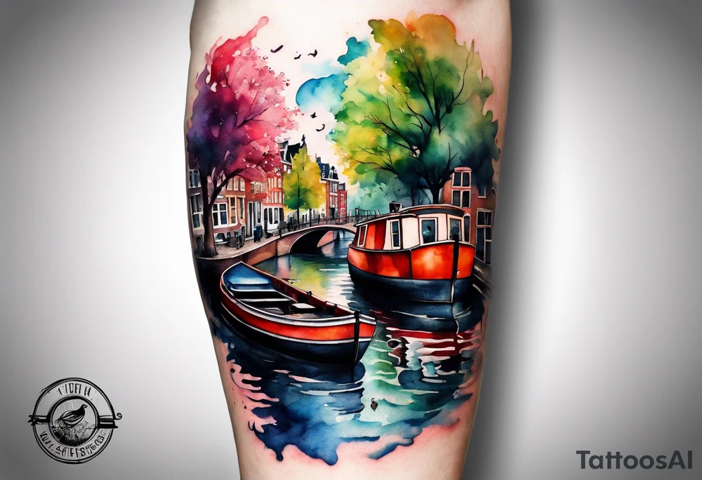 Watercolour style arm tattoo of animals and wildlife in Amsterdam canal tattoo idea