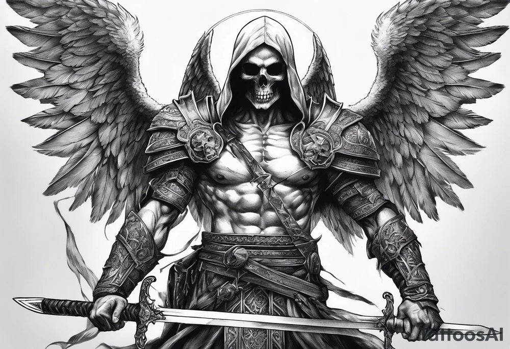 realistic angel of death, man, full body, no face visible, holding one sword in both hands, two hands on the sword, sword pointing downwards, skulls lying on the ground tattoo idea
