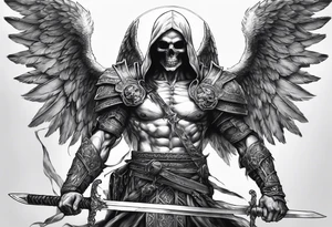 realistic angel of death, man, full body, no face visible, holding one sword in both hands, two hands on the sword, sword pointing downwards, skulls lying on the ground tattoo idea