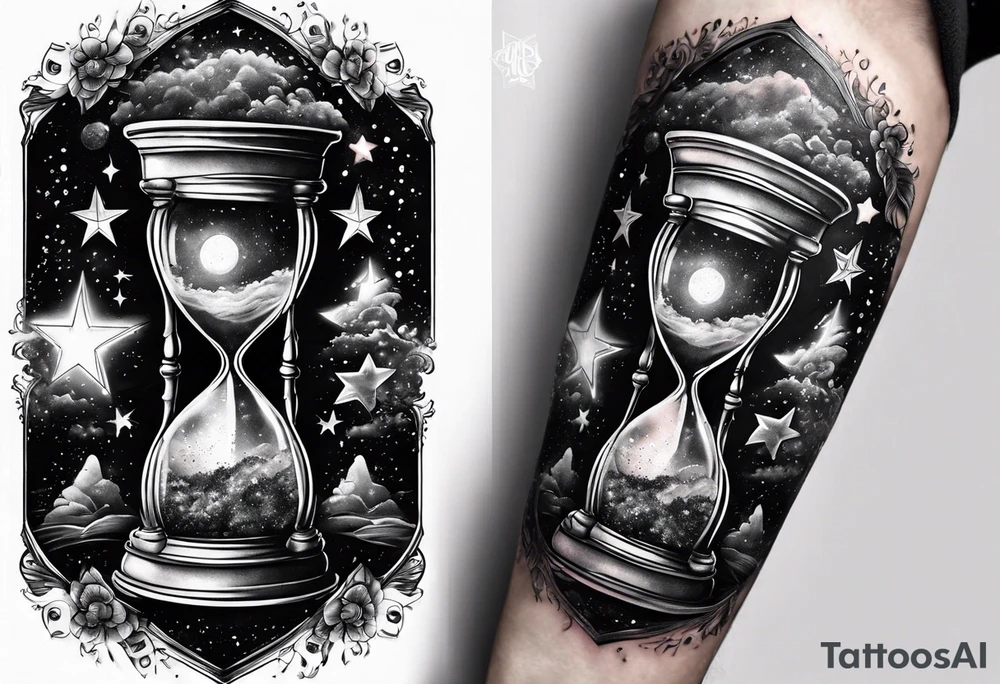 Hour glass with star stuff and cosmic dust exploding from each side. Long tattoo to fit on the forearm tattoo idea