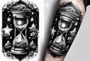 Hour glass with star stuff and cosmic dust exploding from each side. Long tattoo to fit on the forearm tattoo idea