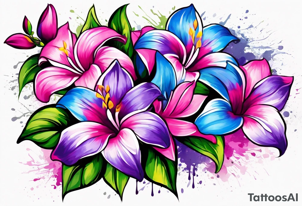 brushstroke abstract pink, purple, and blue mandevilla flowers on a vine, with color leaking out into the background. SOme of the flowers should be full color, and some just linework. It should have a handdrawn, sketch feel. tattoo idea