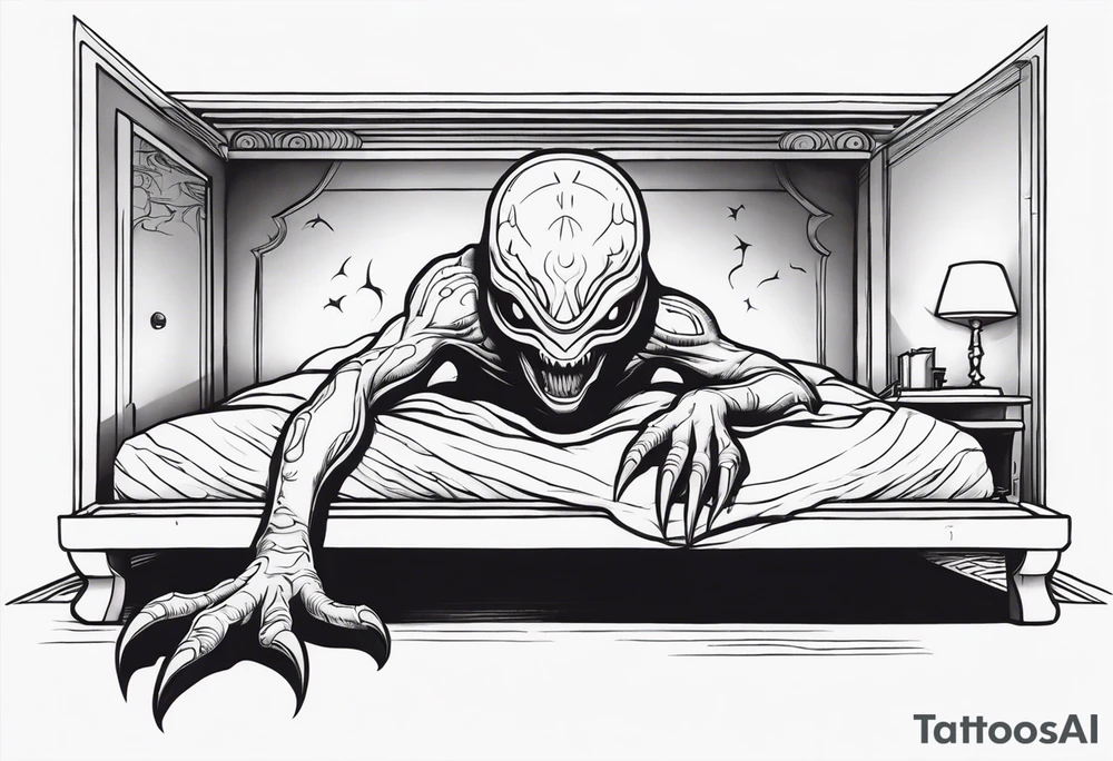 scary alien-like creature hiding under the bed tattoo idea scary alien-like creature hiding under the bed tattoo idea