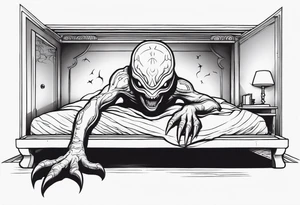 scary alien-like creature hiding under the bed tattoo idea