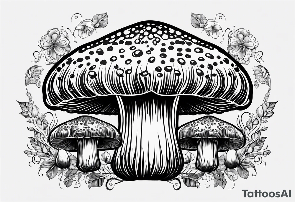 Large Shaggy cap mushroom dripping ink off cap with 4 smaller mushrooms around it mandala henna black tattoo design tattoo idea
