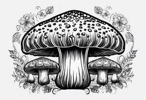 Large Shaggy cap mushroom dripping ink off cap with 4 smaller mushrooms around it mandala henna black tattoo design tattoo idea