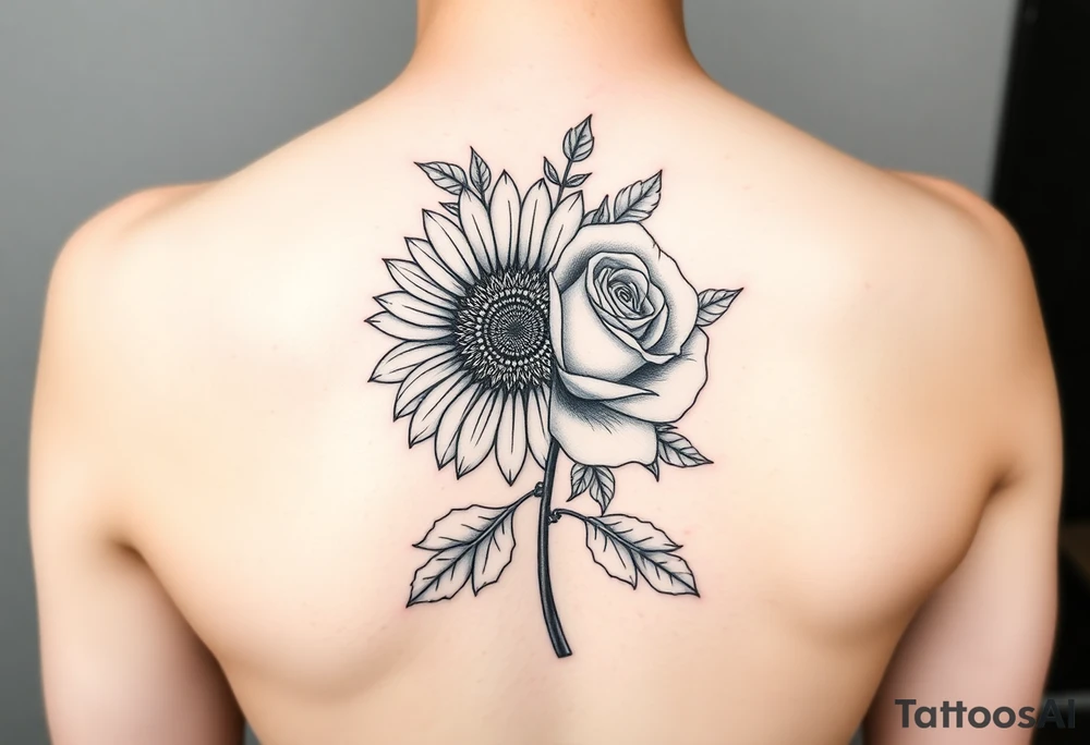 A single symmetrical flower composed of a sunflower on the left half and a rose on the right half, split perfectly down the middle. Surrounding the flower are greenery and leaves. This tattoo is for a woman's arm, so it should also extend vertically. The overall style is minimalist and elegant, with fine lines and no shading or color. tattoo idea