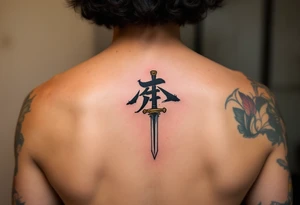 诚 (chéng, “honesty”) in clean black strokes with a sword represents truth and integrity. tattoo idea