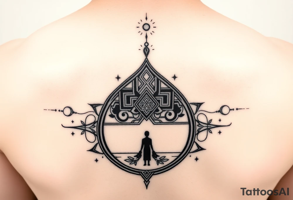 Mirror with gradient reflection, small figure at bottom naturally growing taller toward top, like time-lapse of growth, geometric sacred patterns flowing upward with the transformation, no break just natural progression, represents continuous evolution, black and grey tattoo design tattoo idea