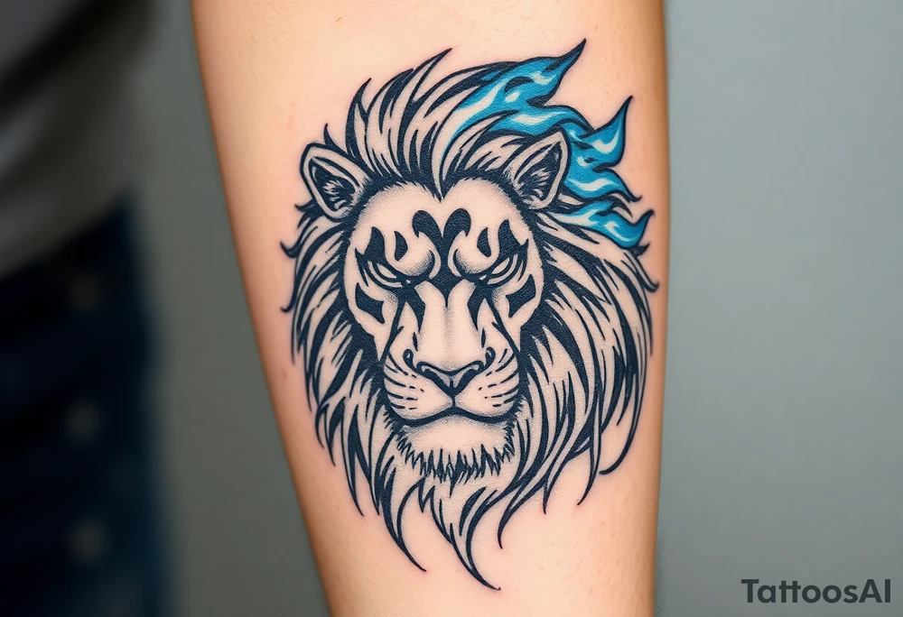 Powerful, fierce stoic lions head, whose mane turns into blue flames that swirl up my arm with blue embers tattoo idea