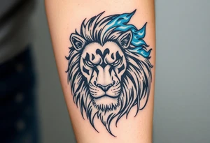 Powerful, fierce stoic lions head, whose mane turns into blue flames that swirl up my arm with blue embers tattoo idea