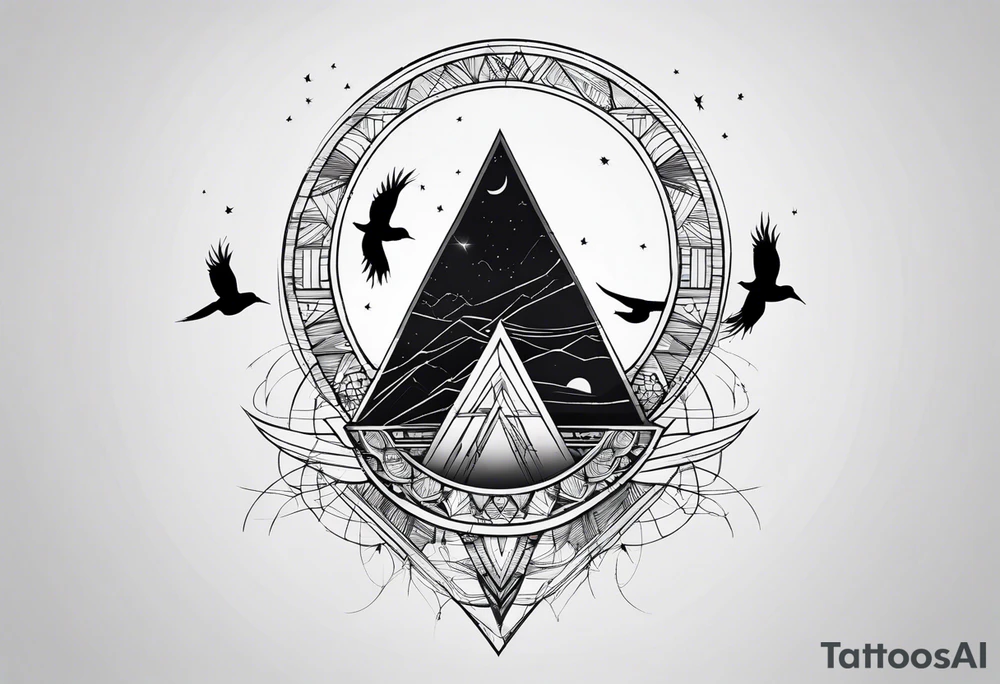 Do not include a face. Linear tattoo with double triangle, unclosed delta, crescent moon, birds tattoo idea