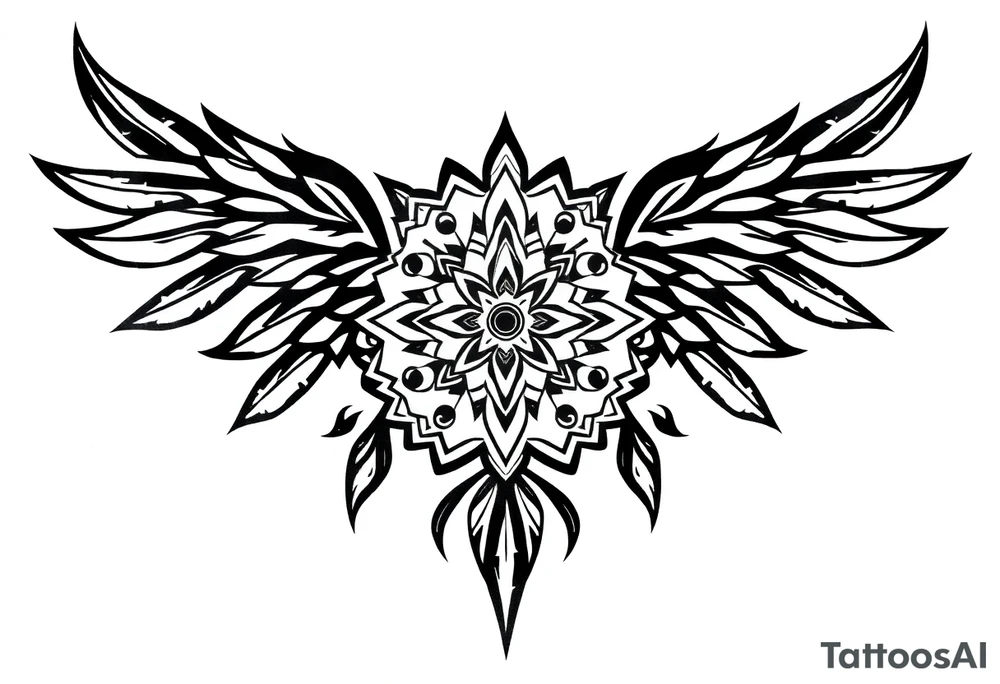 spiritual bold line feather indian mandala shaman tattoo idea