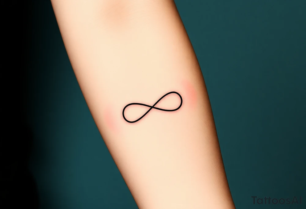 Quero uma tatuagem no antebraço, simples e elegante. O design deve começar com a data de nascimento do meu avô escrita em vermelho, seguida de um símbolo de infinito em branco, com uma leve sombra ao redor para destacá-lo. O símbolo de infinito deve continuar numa linha reta, como se fosse um infinito sem fim. A linha deve ser discreta e uniforme, mantendo um estilo minimalista. tattoo idea