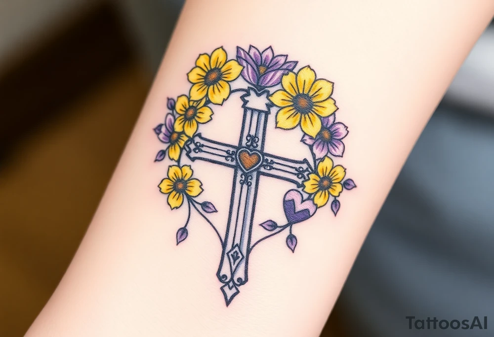 Yellow daisy Purple Hearts around a cross tattoo idea