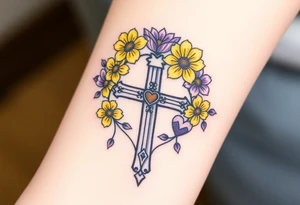 Yellow daisy Purple Hearts around a cross tattoo idea