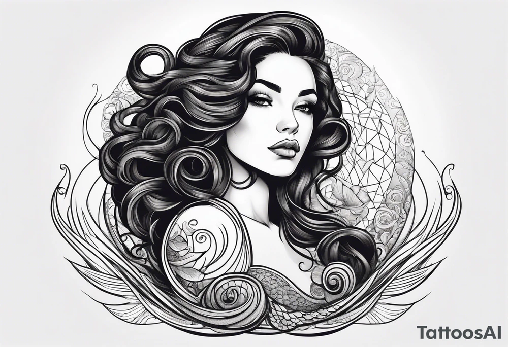 A siren with curly dark hair swimming upward reaching up, with a long tail tattoo idea