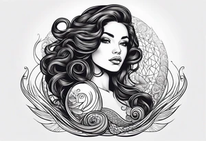 A siren with curly dark hair swimming upward reaching up, with a long tail tattoo idea