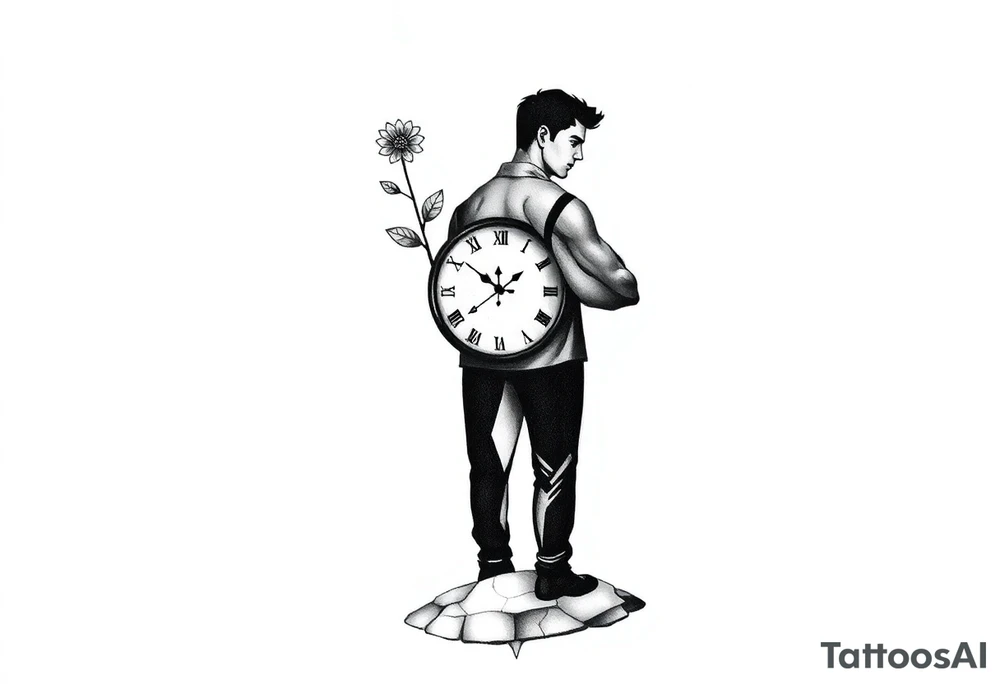 A masculine, minimalist silhouette of a confident young man standing on a small cracked and textured planet. Behind him floats a fragmented, angular broken clock face symbolizing anxiety and broken time. A single, sharp geometric flower grows from the planet, representing love and struggle. A small, sharp star or flame symbol glows on his chest, symbolizing inner strength and passion. The design uses bold, clean, angular lines with minimal shading, emphasizing strength and resilience. tattoo idea