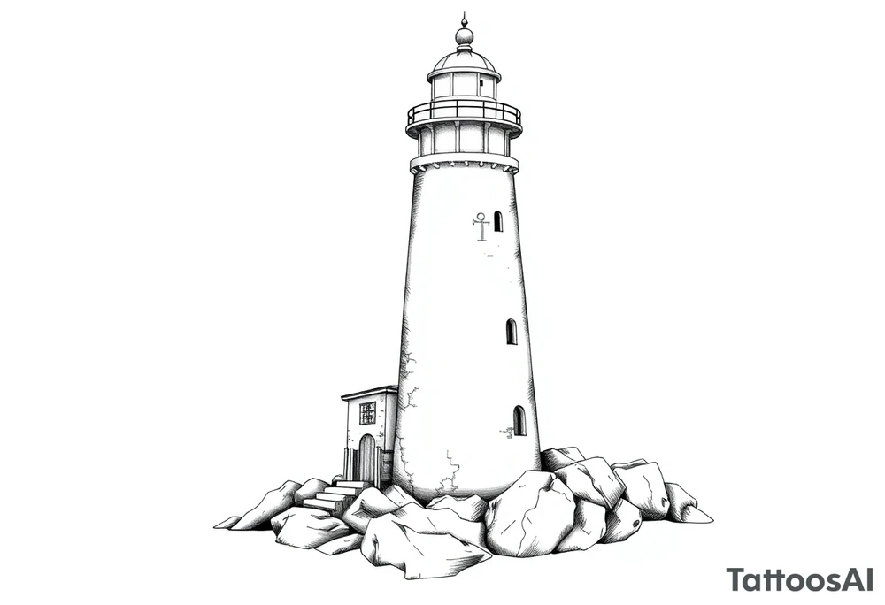 a whole lighthouse with a coat of arms incorporated into the roof tattoo idea