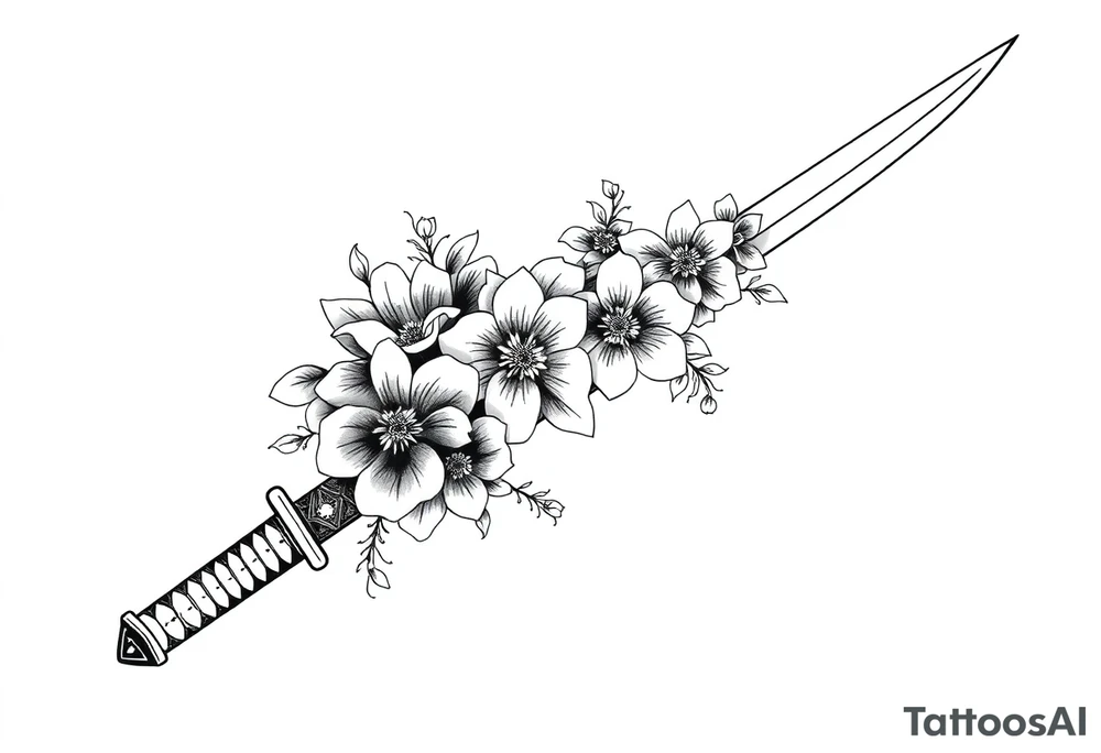 Katana with flowers on the blade tattoo idea
