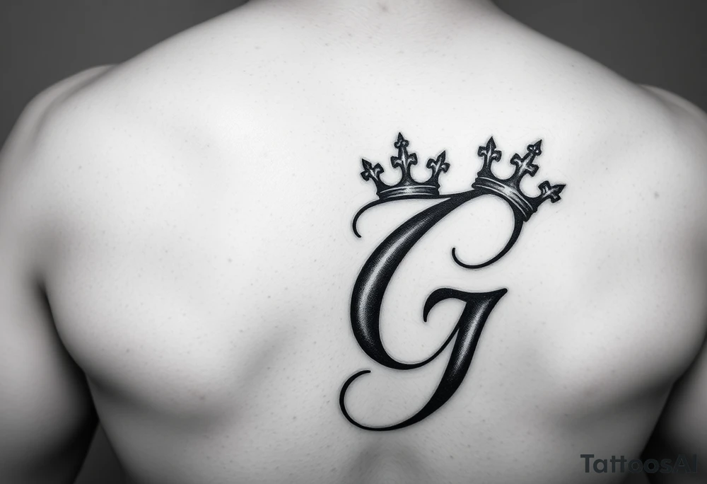 Capital G letter handwritten script with a crown tilted to the left on the front right shoulder tattoo idea