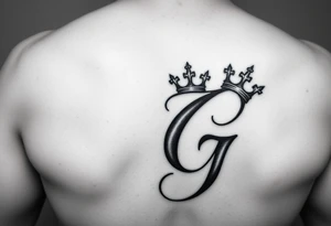 Capital G letter handwritten script with a crown tilted to the left on the front right shoulder tattoo idea