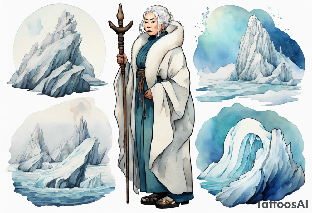 a 40 year old Inuit woman with white hair and a white robe holding a white staff, standing on an iceberg tattoo idea