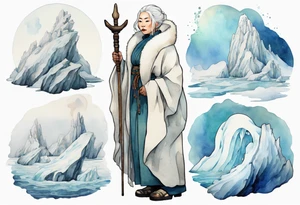 a 40 year old Inuit woman with white hair and a white robe holding a white staff, standing on an iceberg tattoo idea