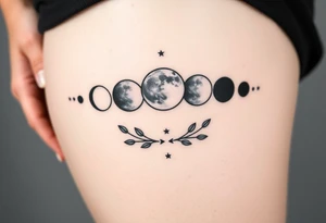 the 9 moon phases with stars and olive branches tattoo idea